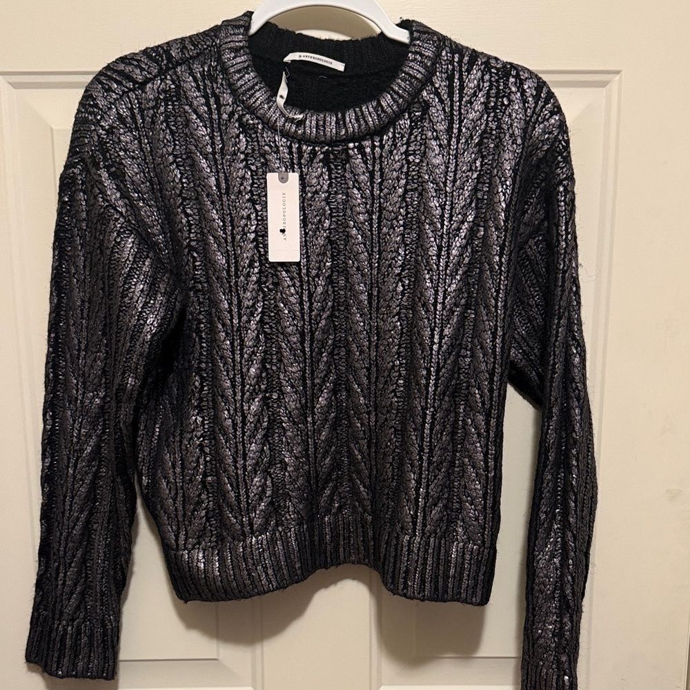 Anthropologie Black Metallic Crew Neck Sweater